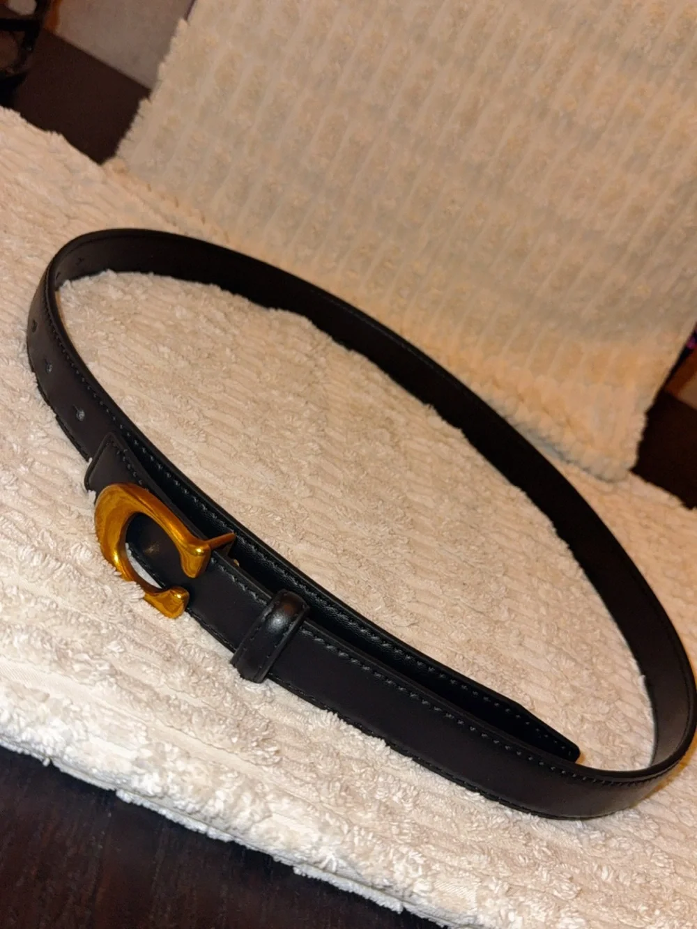 Black Leather Belt with Gold 'C' Buckle - Women's Fashion Accessory